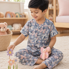 Grey Butterfly - 100% Cotton Poplin | Unisex | Half Sleeve Cotton Sets for New Born to 6 Years