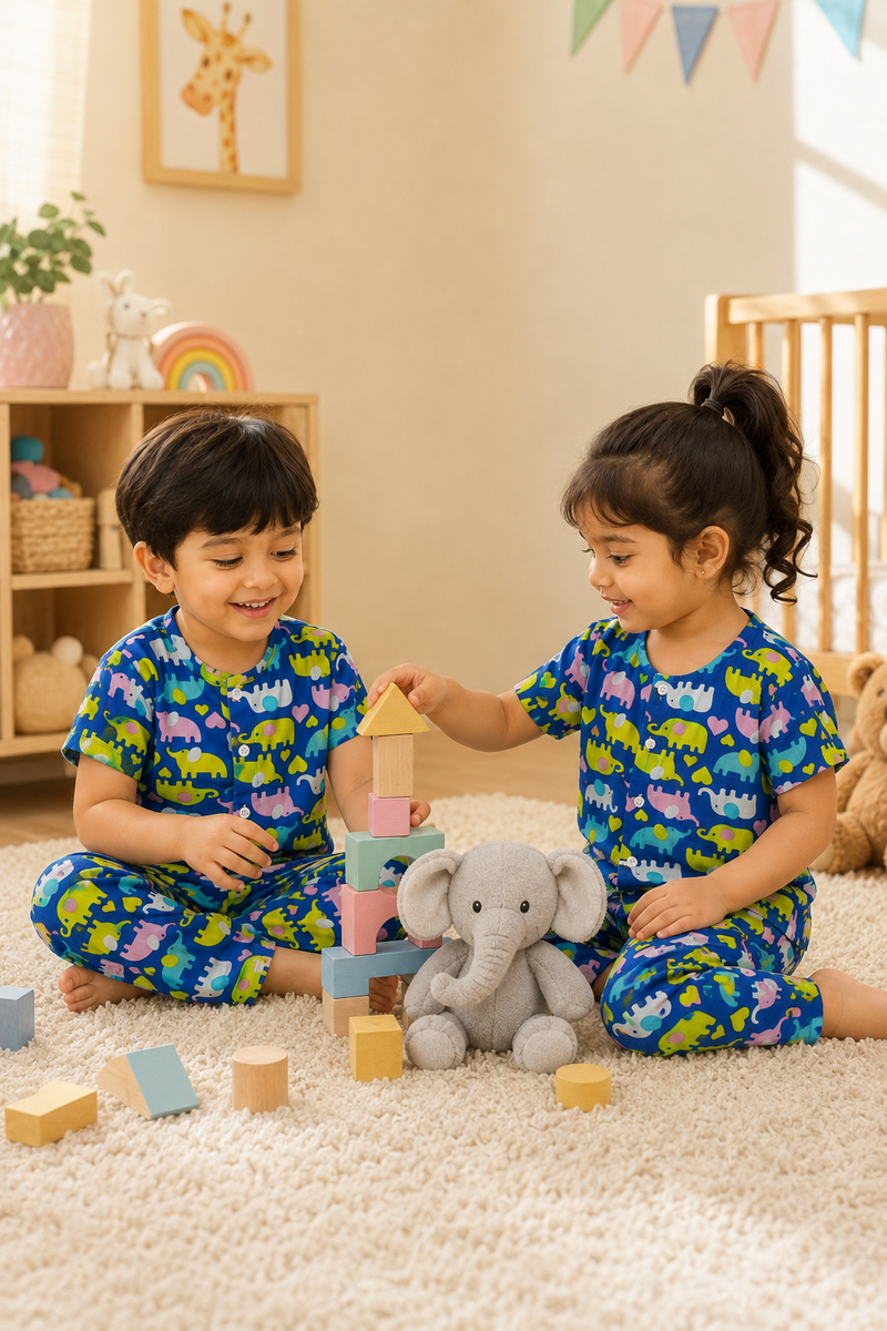 Dancing Elephants - 100% Cotton Poplin | Unisex | Half Sleeve Cotton Sets for New Born to 6 Years