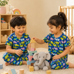 Dancing Elephants - 100% Cotton Poplin | Unisex | Half Sleeve Cotton Sets for New Born to 6 Years