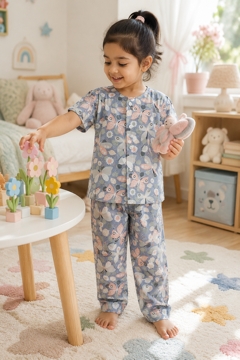Grey Butterfly - 100% Cotton Poplin | Unisex | Half Sleeve Cotton Sets for New Born to 6 Years
