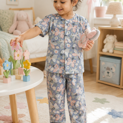 Grey Butterfly - 100% Cotton Poplin | Unisex | Half Sleeve Cotton Sets for New Born to 6 Years
