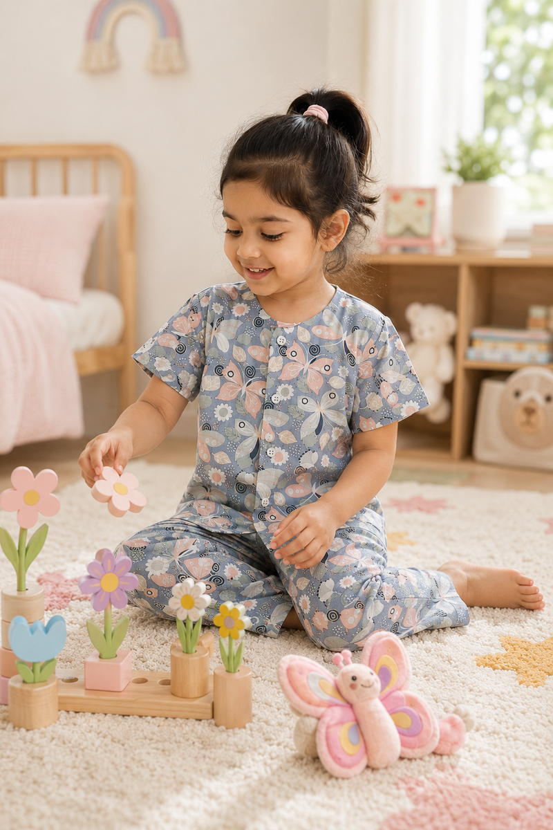 Grey Butterfly - 100% Cotton Poplin | Unisex | Half Sleeve Cotton Sets for New Born to 6 Years