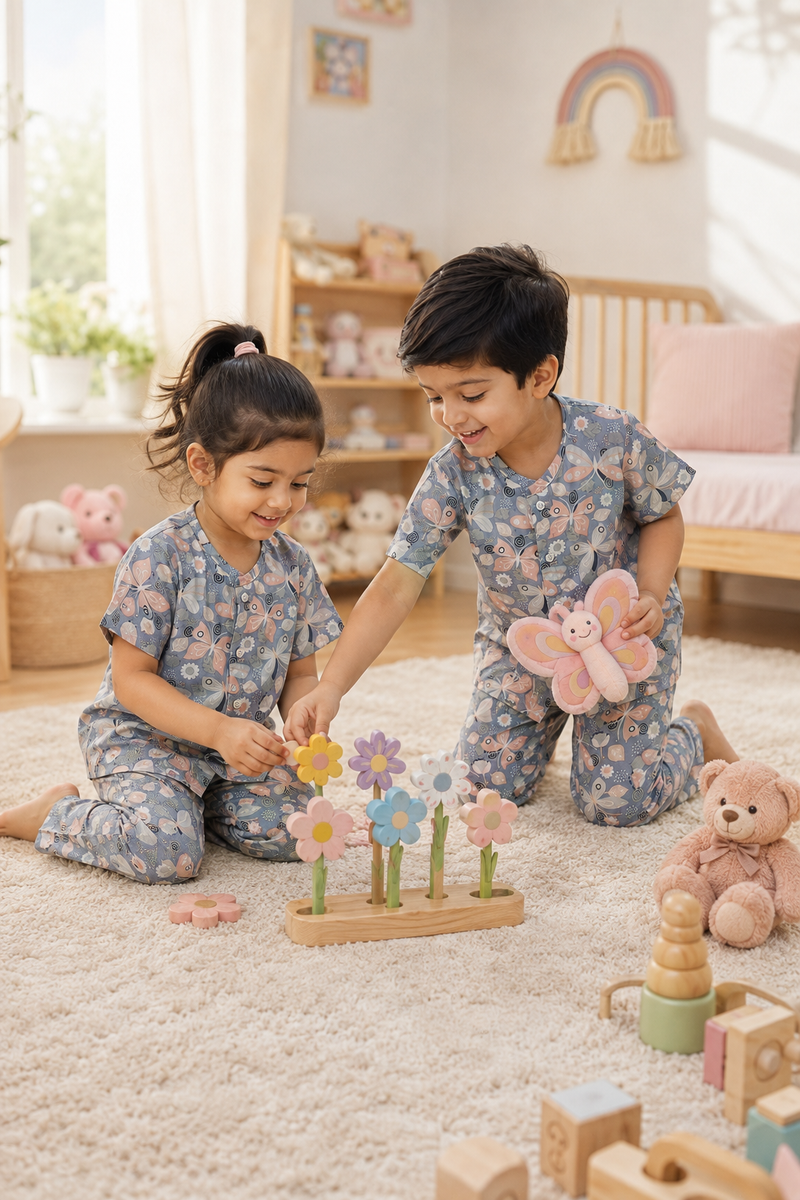 Grey Butterfly - 100% Cotton Poplin | Unisex | Half Sleeve Cotton Sets for New Born to 6 Years