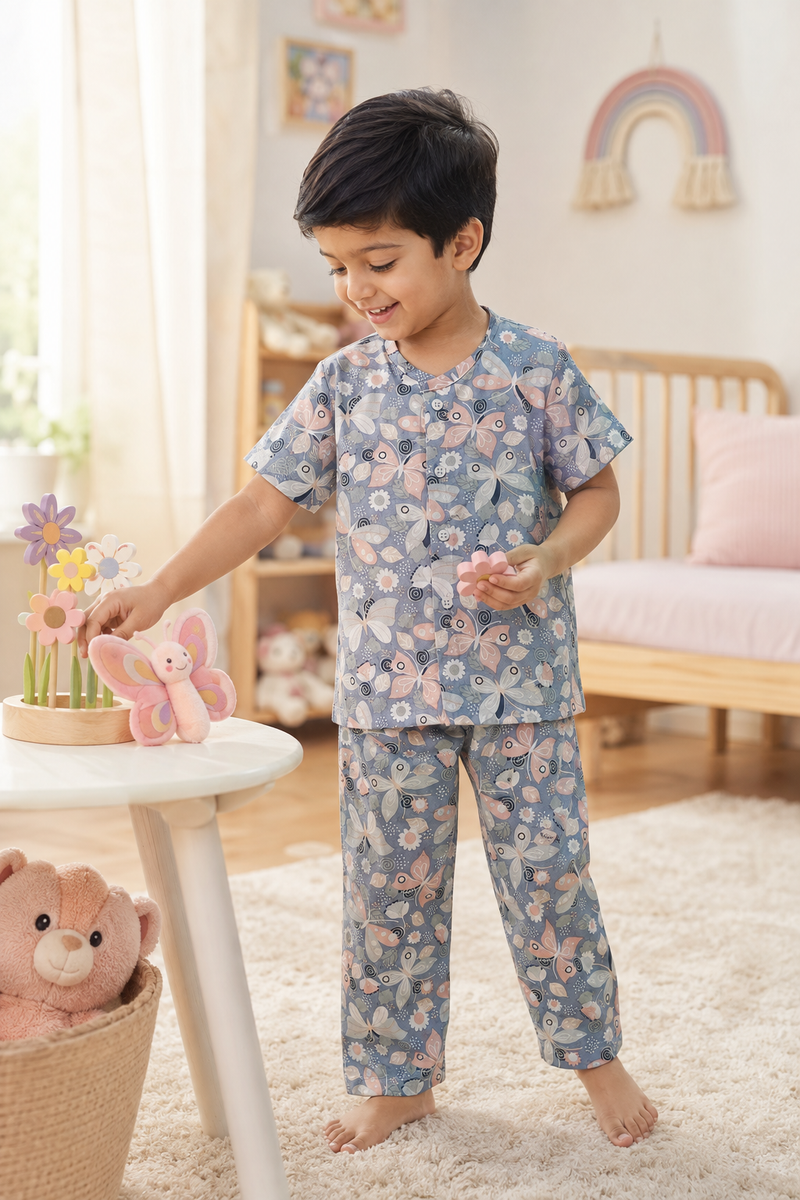 Grey Butterfly - 100% Cotton Poplin | Unisex | Half Sleeve Cotton Sets for New Born to 6 Years