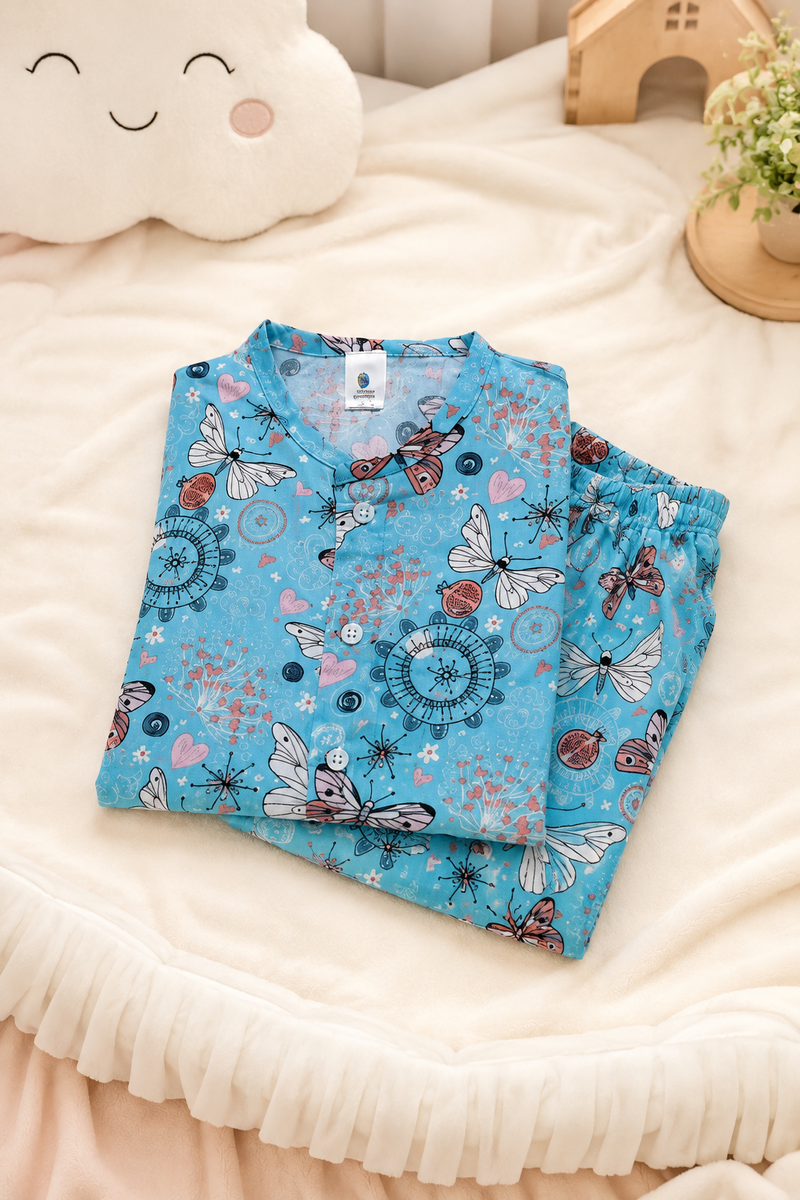 Blue Butterfly - 100% Cotton Poplin | Unisex | Half Sleeve Cotton Sets for New Born to 6 Years