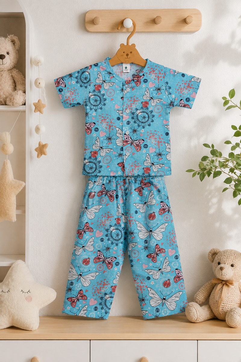 Blue Butterfly - 100% Cotton Poplin | Unisex | Half Sleeve Cotton Sets for New Born to 6 Years