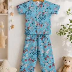 Blue Butterfly - 100% Cotton Poplin | Unisex | Half Sleeve Cotton Sets for New Born to 6 Years