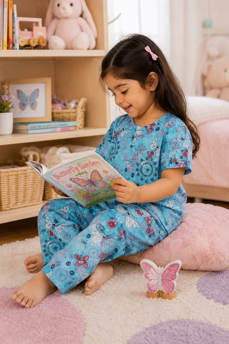 Blue Butterfly - 100% Cotton Poplin | Unisex | Half Sleeve Cotton Sets for New Born to 6 Years