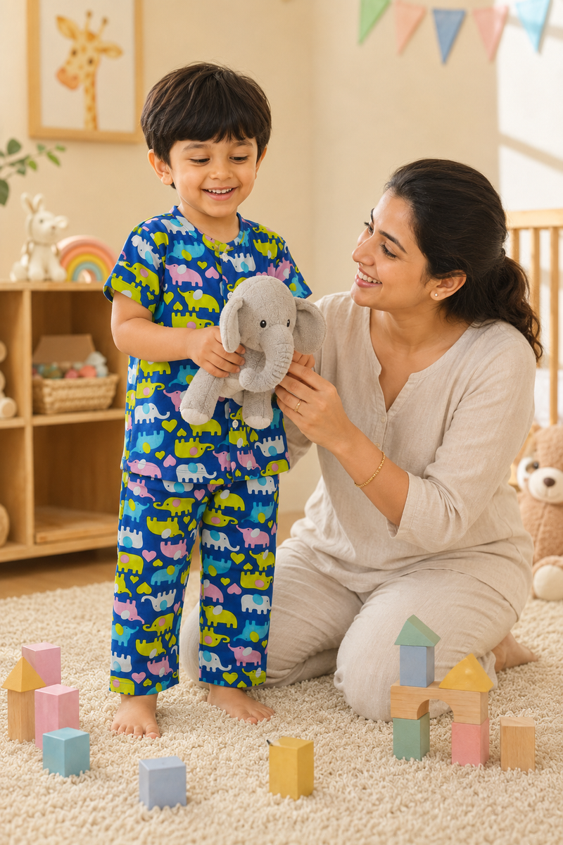Dancing Elephants - 100% Cotton Poplin | Unisex | Half Sleeve Cotton Sets for New Born to 6 Years