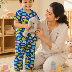 Dancing Elephants - 100% Cotton Poplin | Unisex | Half Sleeve Cotton Sets for New Born to 6 Years