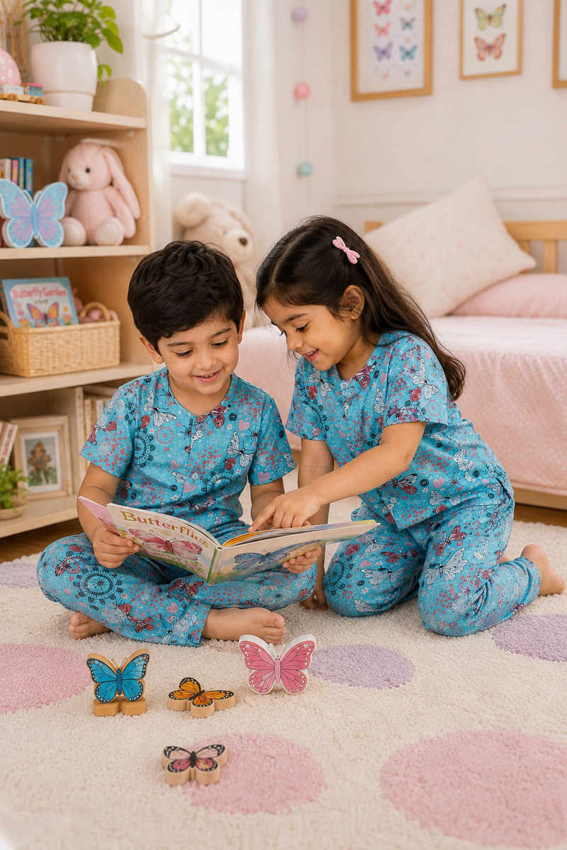 Blue Butterfly - 100% Cotton Poplin | Unisex | Half Sleeve Cotton Sets for New Born to 6 Years