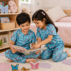 Blue Butterfly - 100% Cotton Poplin | Unisex | Half Sleeve Cotton Sets for New Born to 6 Years