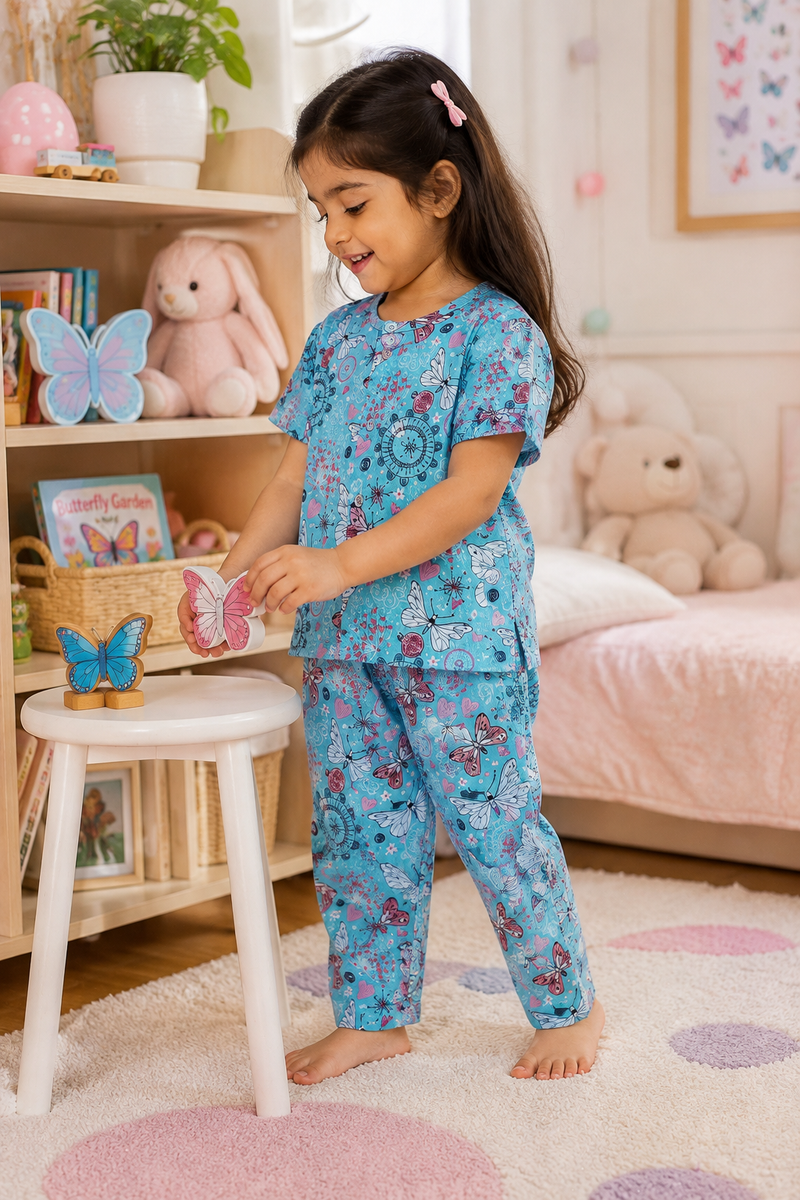 Blue Butterfly - 100% Cotton Poplin | Unisex | Half Sleeve Cotton Sets for New Born to 6 Years