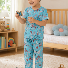 Blue Butterfly - 100% Cotton Poplin | Unisex | Half Sleeve Cotton Sets for New Born to 6 Years