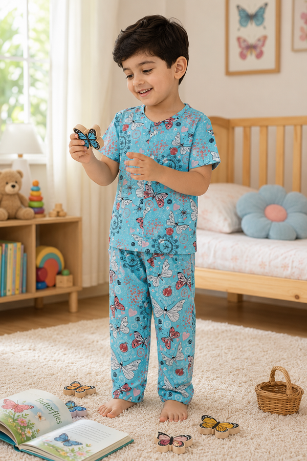 Blue Butterfly - 100% Cotton Poplin | Unisex | Half Sleeve Cotton Sets for New Born to 6 Years
