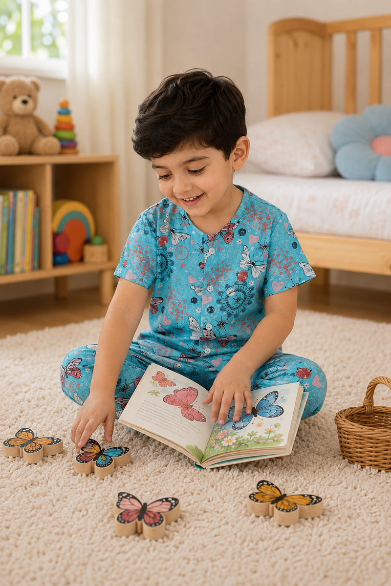 Blue Butterfly - 100% Cotton Poplin | Unisex | Half Sleeve Cotton Sets for New Born to 6 Years