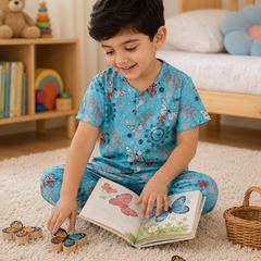 Blue Butterfly - 100% Cotton Poplin | Unisex | Half Sleeve Cotton Sets for New Born to 6 Years