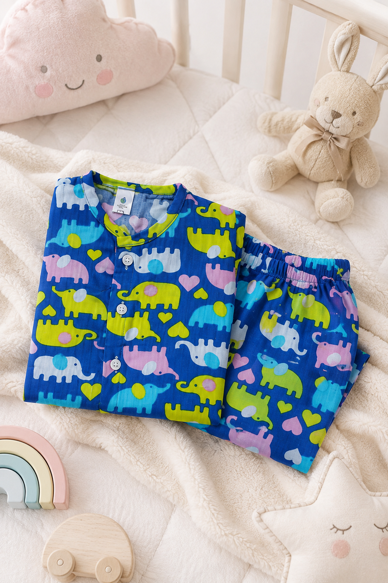 Dancing Elephants - 100% Cotton Poplin | Unisex | Half Sleeve Cotton Sets for New Born to 6 Years
