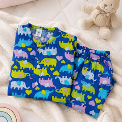 Dancing Elephants - 100% Cotton Poplin | Unisex | Half Sleeve Cotton Sets for New Born to 6 Years