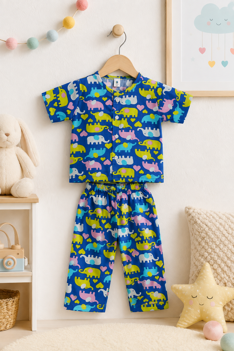 Dancing Elephants - 100% Cotton Poplin | Unisex | Half Sleeve Cotton Sets for New Born to 6 Years