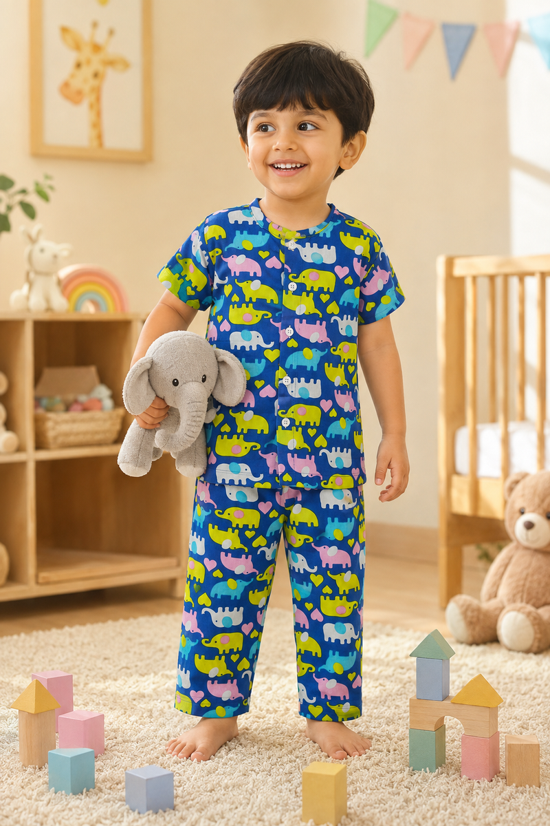 Dancing Elephants - 100% Cotton Poplin | Unisex | Half Sleeve Cotton Sets for New Born to 6 Years