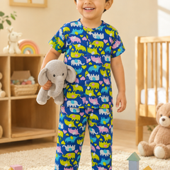 Dancing Elephants - 100% Cotton Poplin | Unisex | Half Sleeve Cotton Sets for New Born to 6 Years