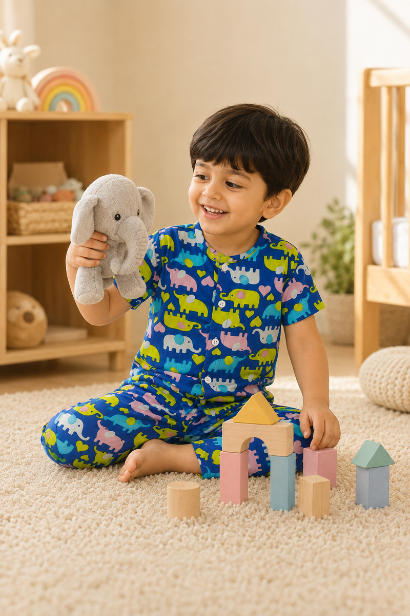 Dancing Elephants - 100% Cotton Poplin | Unisex | Half Sleeve Cotton Sets for New Born to 6 Years