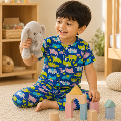 Dancing Elephants - 100% Cotton Poplin | Unisex | Half Sleeve Cotton Sets for New Born to 6 Years