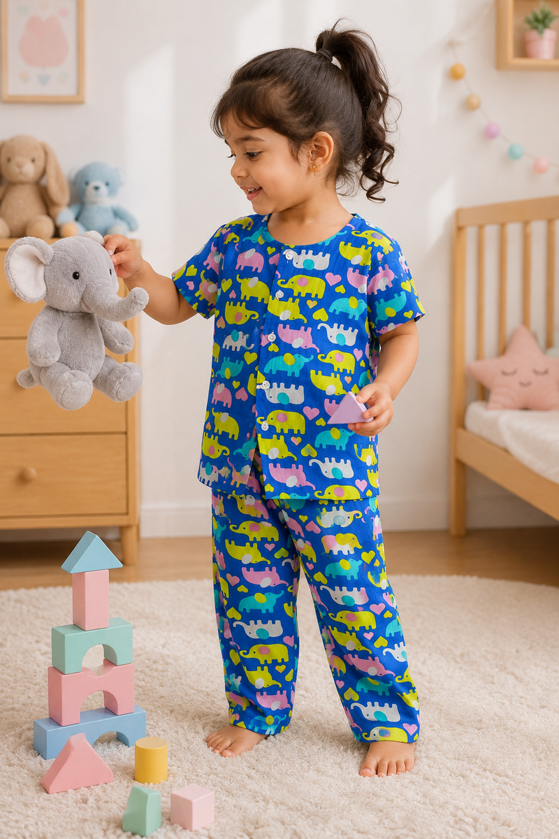 Dancing Elephants - 100% Cotton Poplin | Unisex | Half Sleeve Cotton Sets for New Born to 6 Years