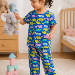 Dancing Elephants - 100% Cotton Poplin | Unisex | Half Sleeve Cotton Sets for New Born to 6 Years