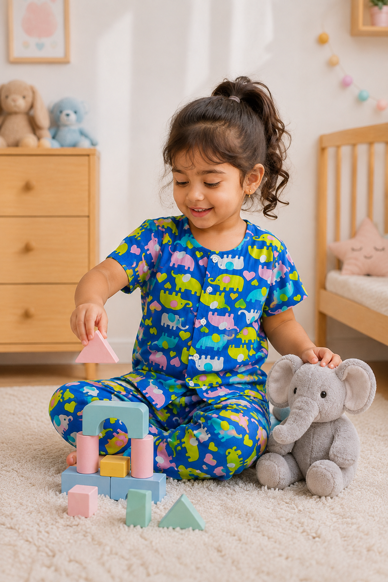 Dancing Elephants - 100% Cotton Poplin | Unisex | Half Sleeve Cotton Sets for New Born to 6 Years
