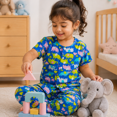 Dancing Elephants - 100% Cotton Poplin | Unisex | Half Sleeve Cotton Sets for New Born to 6 Years