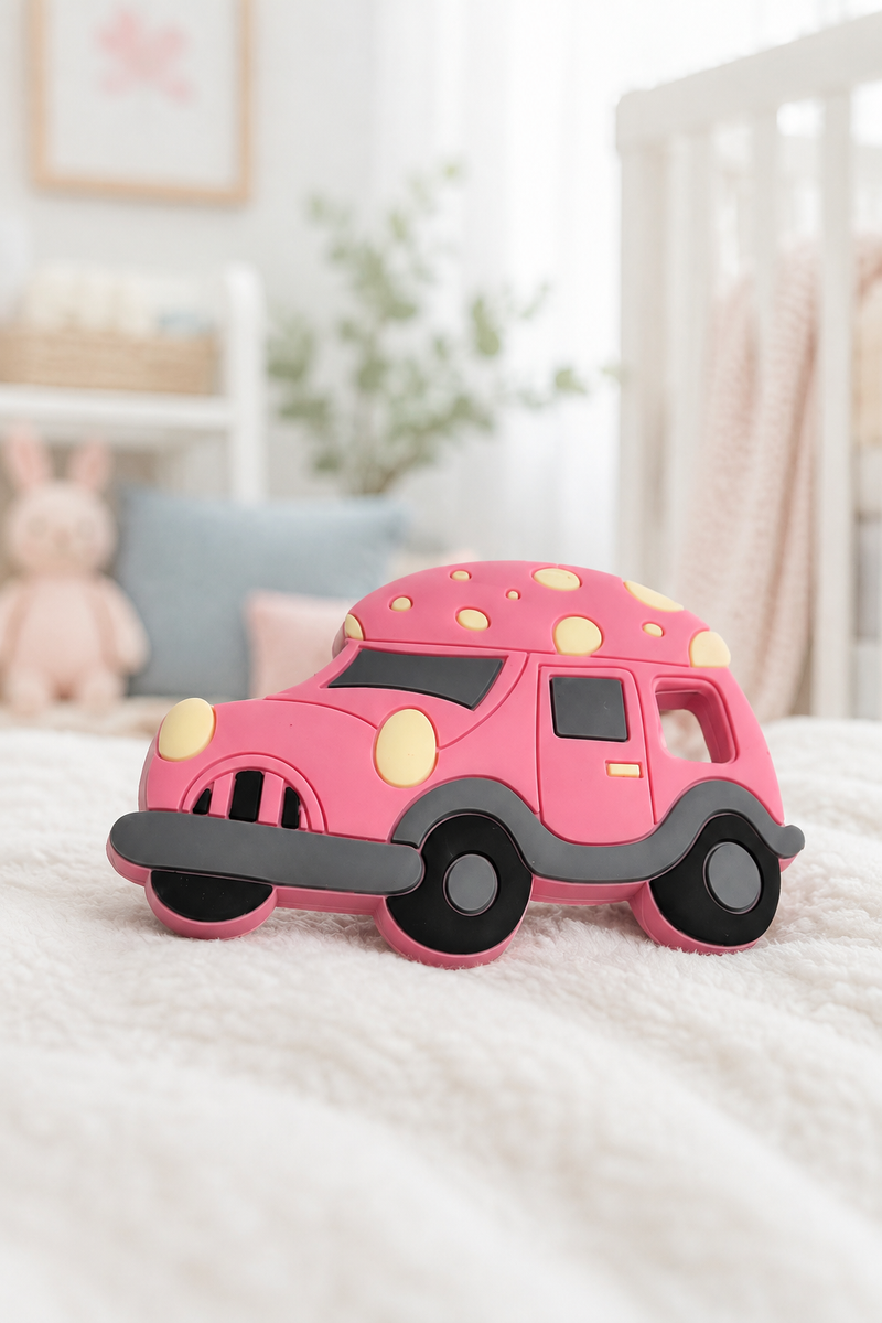 Pink Car | Baby Teethers for 6 to 12 Months, BPA & PVC Free. Soft Silicone Teething Toy Set with Textured Sensory Shapes, Easy-Grip Design, and Gentle Gum Relief for Everyday Use.