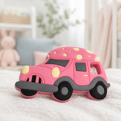 Pink Car | Baby Teethers for 6 to 12 Months, BPA & PVC Free. Soft Silicone Teething Toy Set with Textured Sensory Shapes, Easy-Grip Design, and Gentle Gum Relief for Everyday Use.