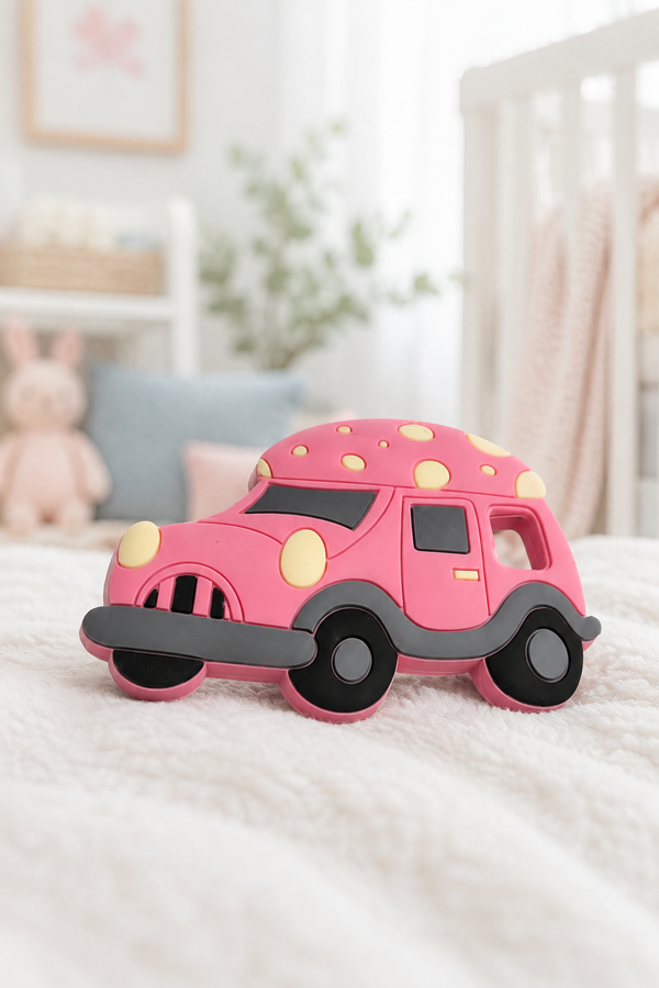 Pink Car | Baby Teethers for 6 to 12 Months, BPA & PVC Free. Soft Silicone Teething Toy Set with Textured Sensory Shapes, Easy-Grip Design, and Gentle Gum Relief for Everyday Use.