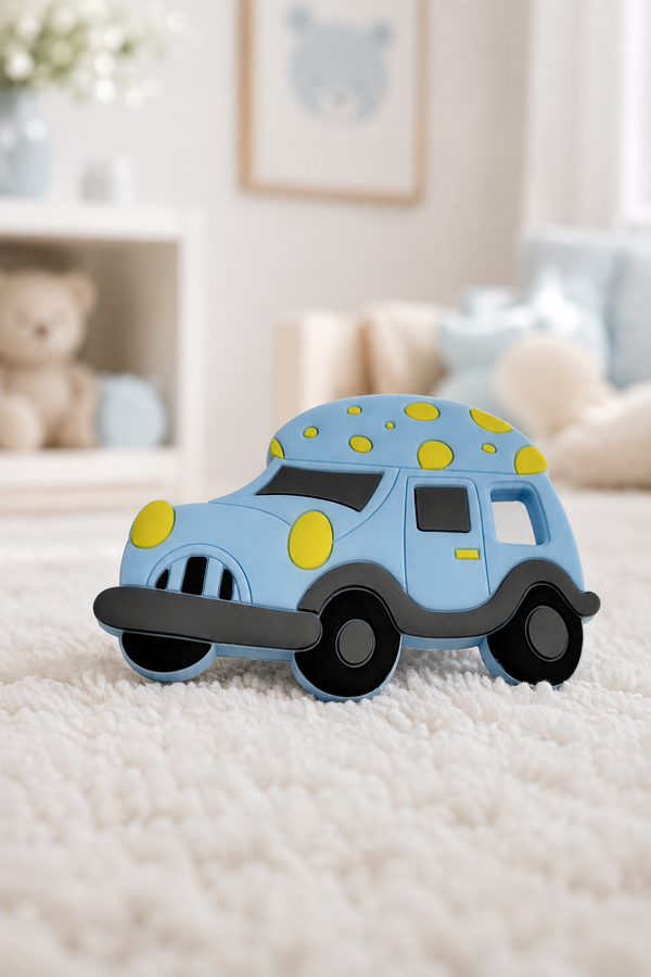 Blue Car | Baby Teethers for 6 to 12 Months, BPA & PVC Free. Soft Silicone Teething Toy Set with Textured Sensory Shapes, Easy-Grip Design, and Gentle Gum Relief for Everyday Use.
