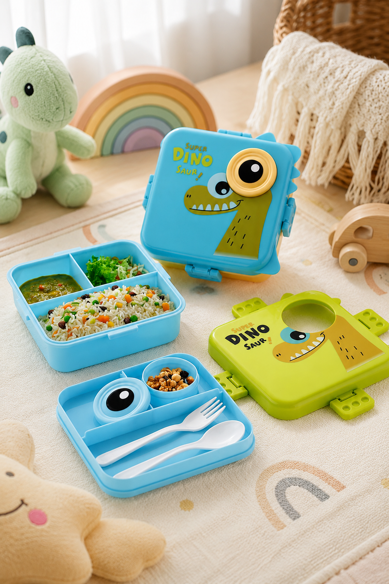 3-Compartment Printed Design Lunch Box – BPA-Free Bento Box with Plastic Tray, Spoon & Container for School, Office, Travel – 1120ml + 70ml, Green
