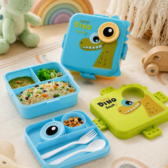 3-Compartment Printed Design Lunch Box – BPA-Free Bento Box with Plastic Tray, Spoon & Container for School, Office, Travel – 1120ml + 70ml, Green