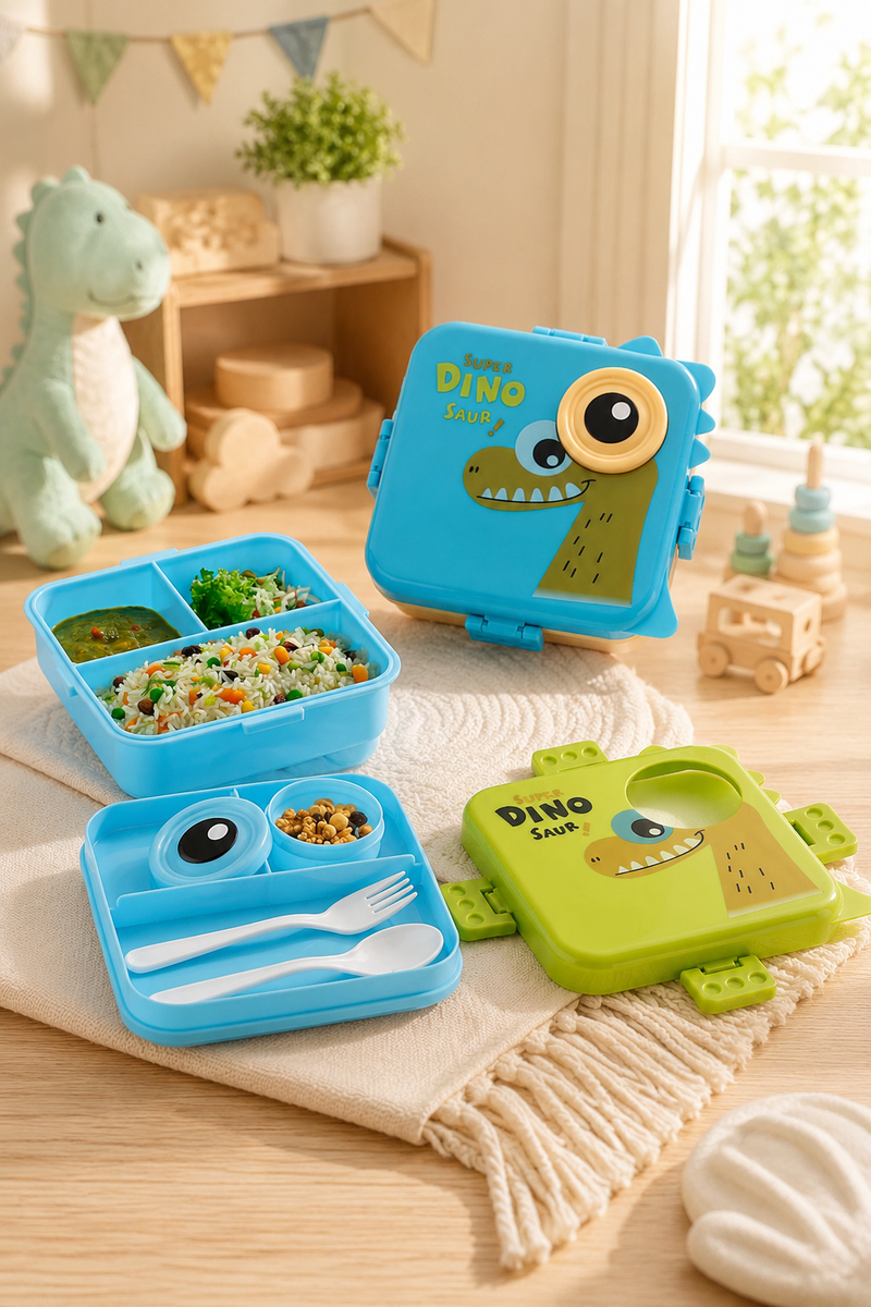 3-Compartment Printed Design Lunch Box – BPA-Free Bento Box with Plastic Tray, Spoon & Container for School, Office, Travel – 1120ml + 70ml, Green