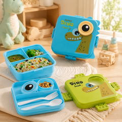 3-Compartment Printed Design Lunch Box – BPA-Free Bento Box with Plastic Tray, Spoon & Container for School, Office, Travel – 1120ml + 70ml, Green