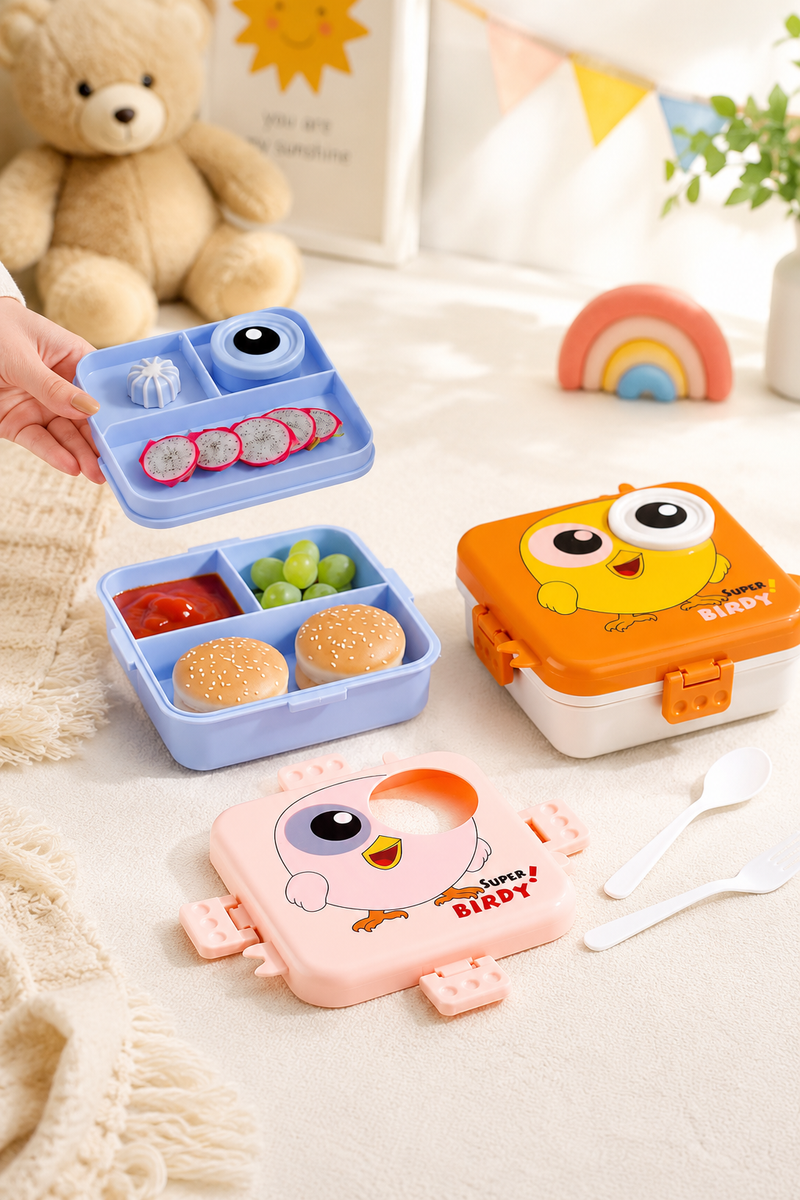 3-Compartment Printed Design Lunch Box – BPA-Free Bento Box with Plastic Tray, Spoon & Container for School, Office, Travel – 1120ml + 70ml, Green