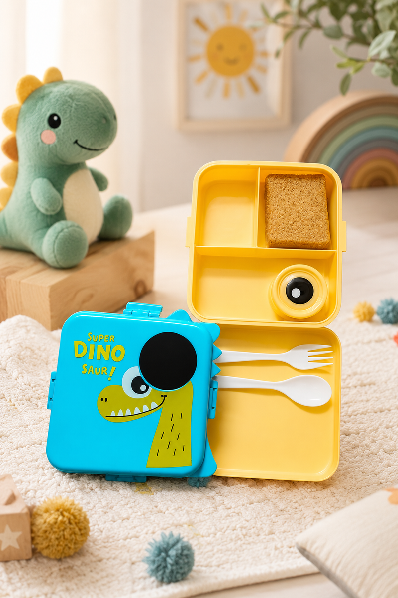 3-Compartment Printed Design Lunch Box – BPA-Free Bento Box with Plastic Tray, Spoon & Container for School, Office, Travel – 1120ml + 70ml, Green