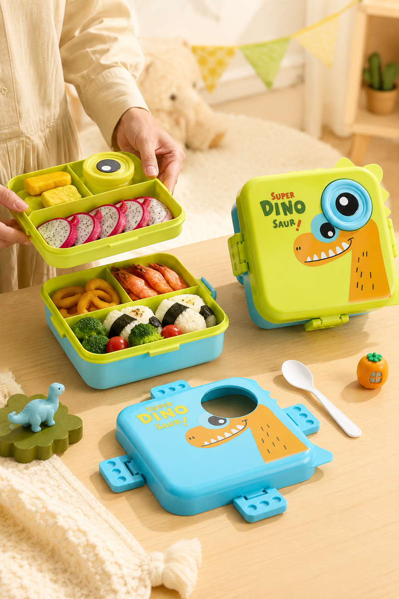 3-Compartment Printed Design Lunch Box – BPA-Free Bento Box with Plastic Tray, Spoon & Container for School, Office, Travel – 1120ml + 70ml, Green