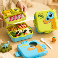 3-Compartment Printed Design Lunch Box – BPA-Free Bento Box with Plastic Tray, Spoon & Container for School, Office, Travel – 1120ml + 70ml, Green
