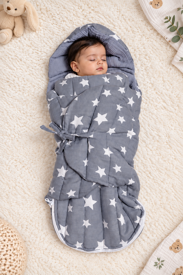 Quilted Butterfly Hooded Muslin Swaddle Blanket with Ties for 0-6 Months - Grey Star