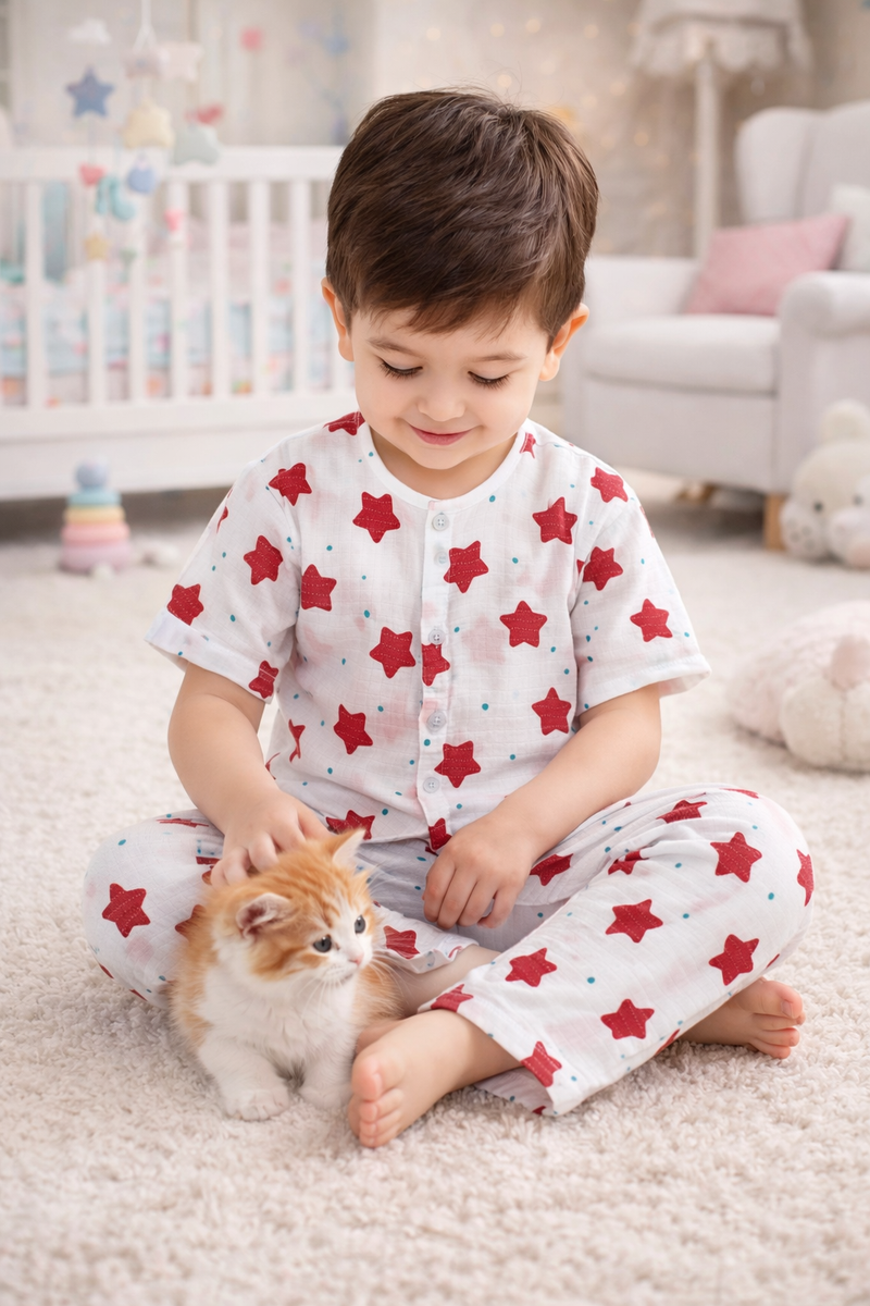 Red Stars|Half Sleeves| Checkered Muslin| Soft Unisex Muslin Set for New Born to 6 Years