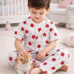 Red Stars|Half Sleeves| Checkered Muslin| Soft Unisex Muslin Set for New Born to 6 Years