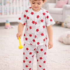 Red Stars|Half Sleeves| Checkered Muslin| Soft Unisex Muslin Set for New Born to 6 Years