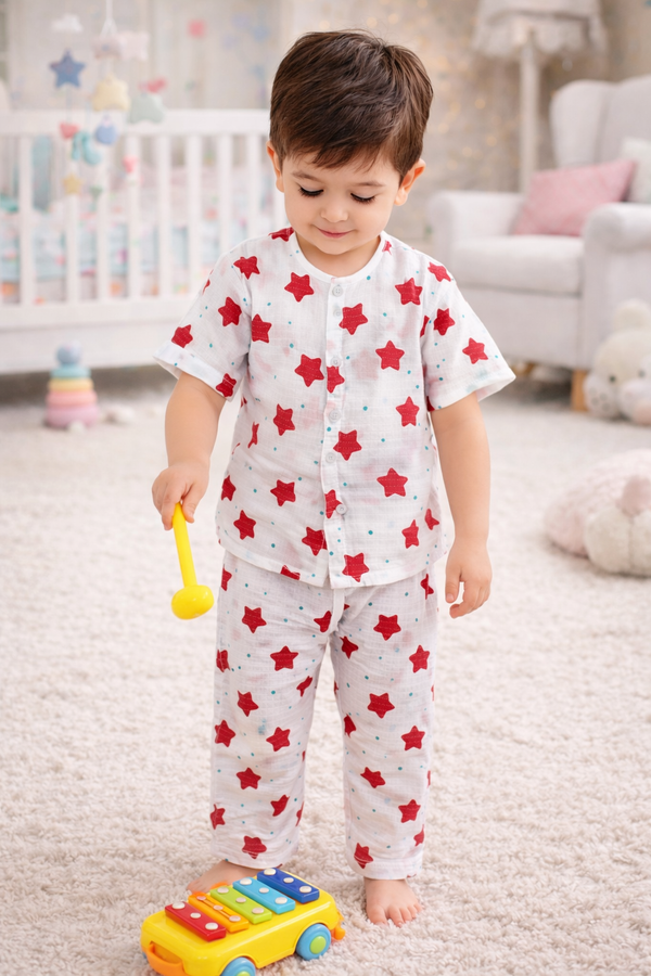 Red Stars- Kradyl Kroft Checkered Smooth Style Double Layered Soft Muslin Night Suit Set for New Born to 6 Years