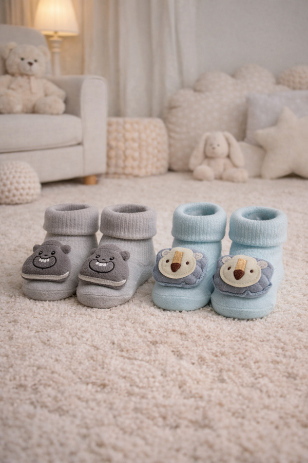 Smiley Koala- Set of 2 100% Cotton Baby Booties Socks for 0 to 12 Months